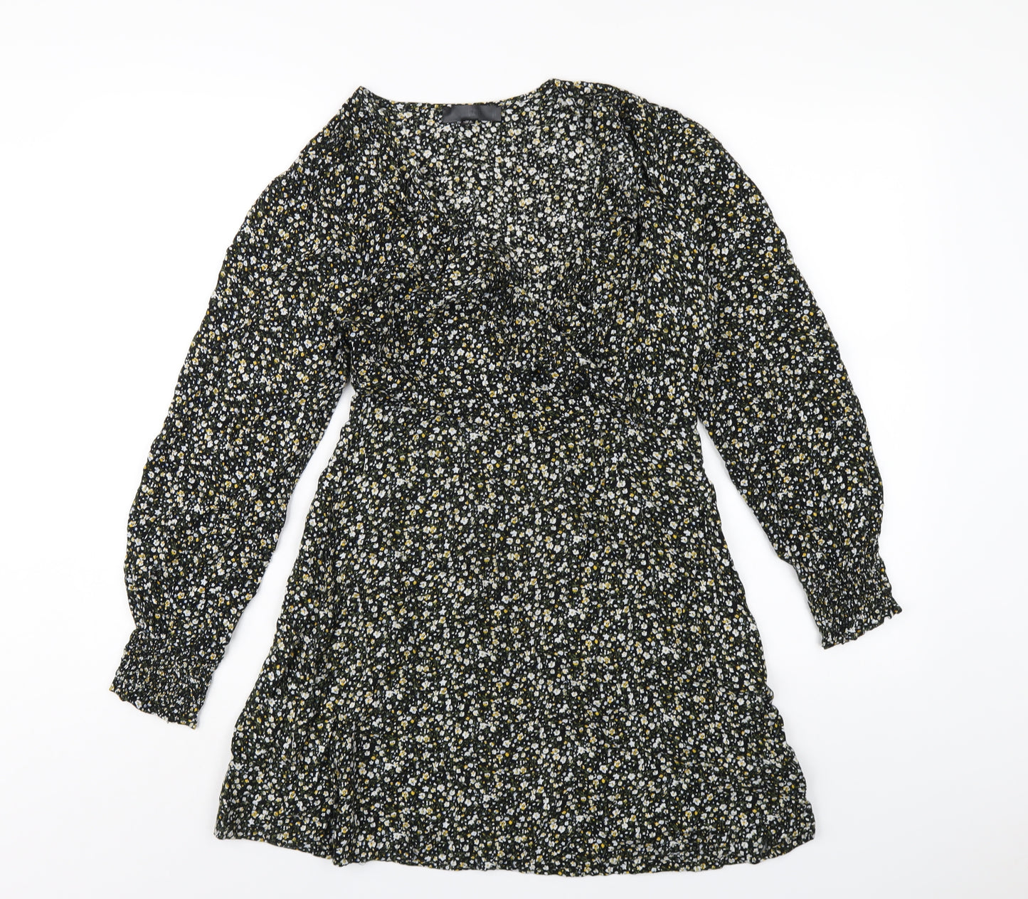 Missguided Womens Black Floral Viscose A-Line Size 8 V-Neck Zip