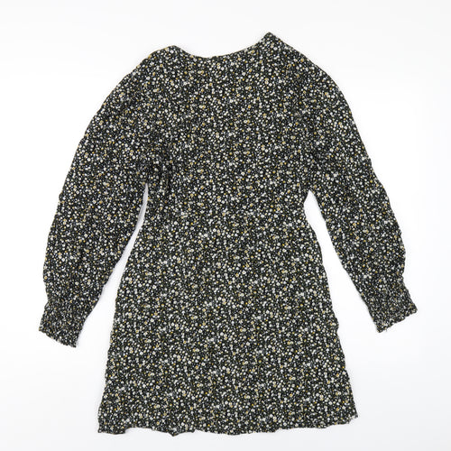 Missguided Womens Black Floral Viscose A-Line Size 8 V-Neck Zip