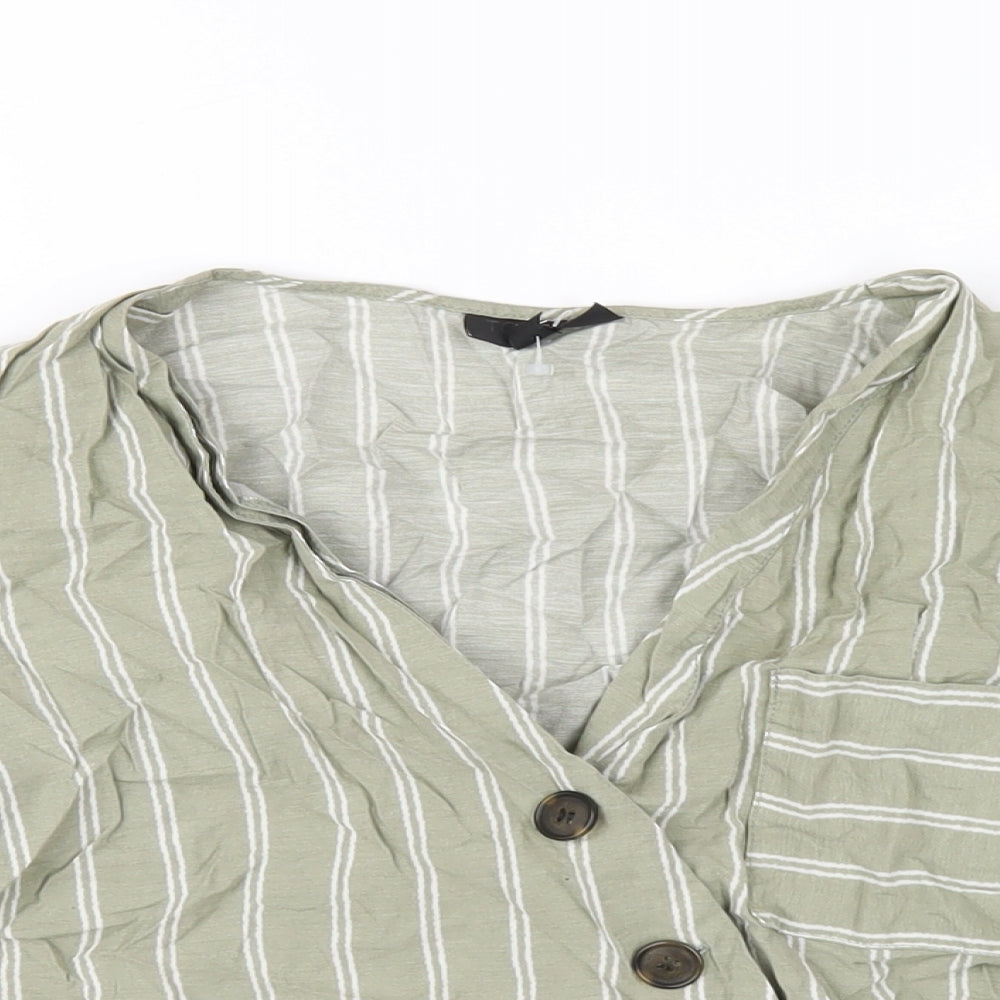 Topshop Womens Green Striped Viscose Basic Button-Up Size 10 V-Neck