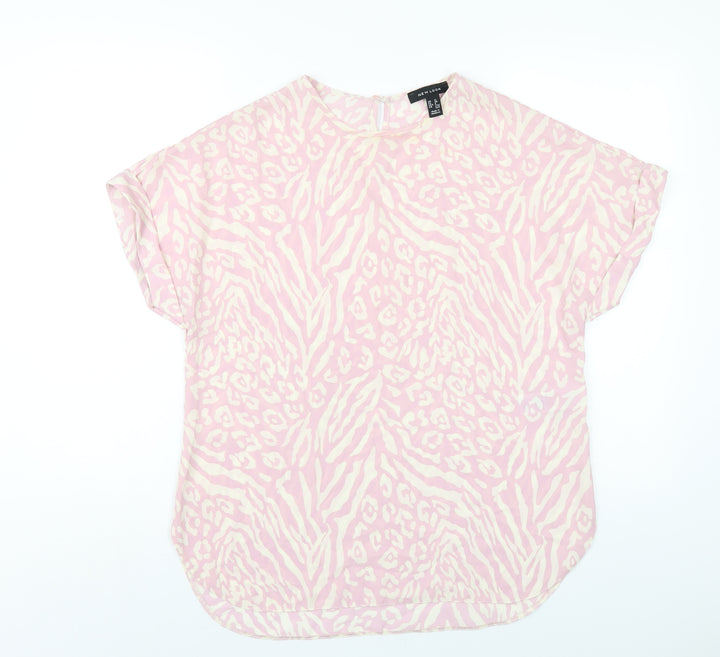 New Look Womens Pink Geometric Polyester Basic T-Shirt Size 12 Round Neck