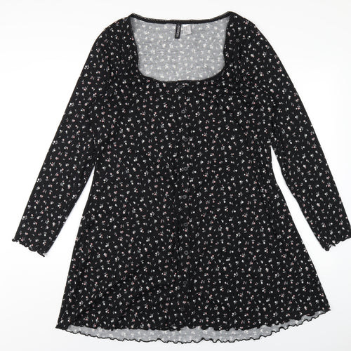 H&M Womens Black Floral Polyester A-Line Size 2XL Square Neck Pullover