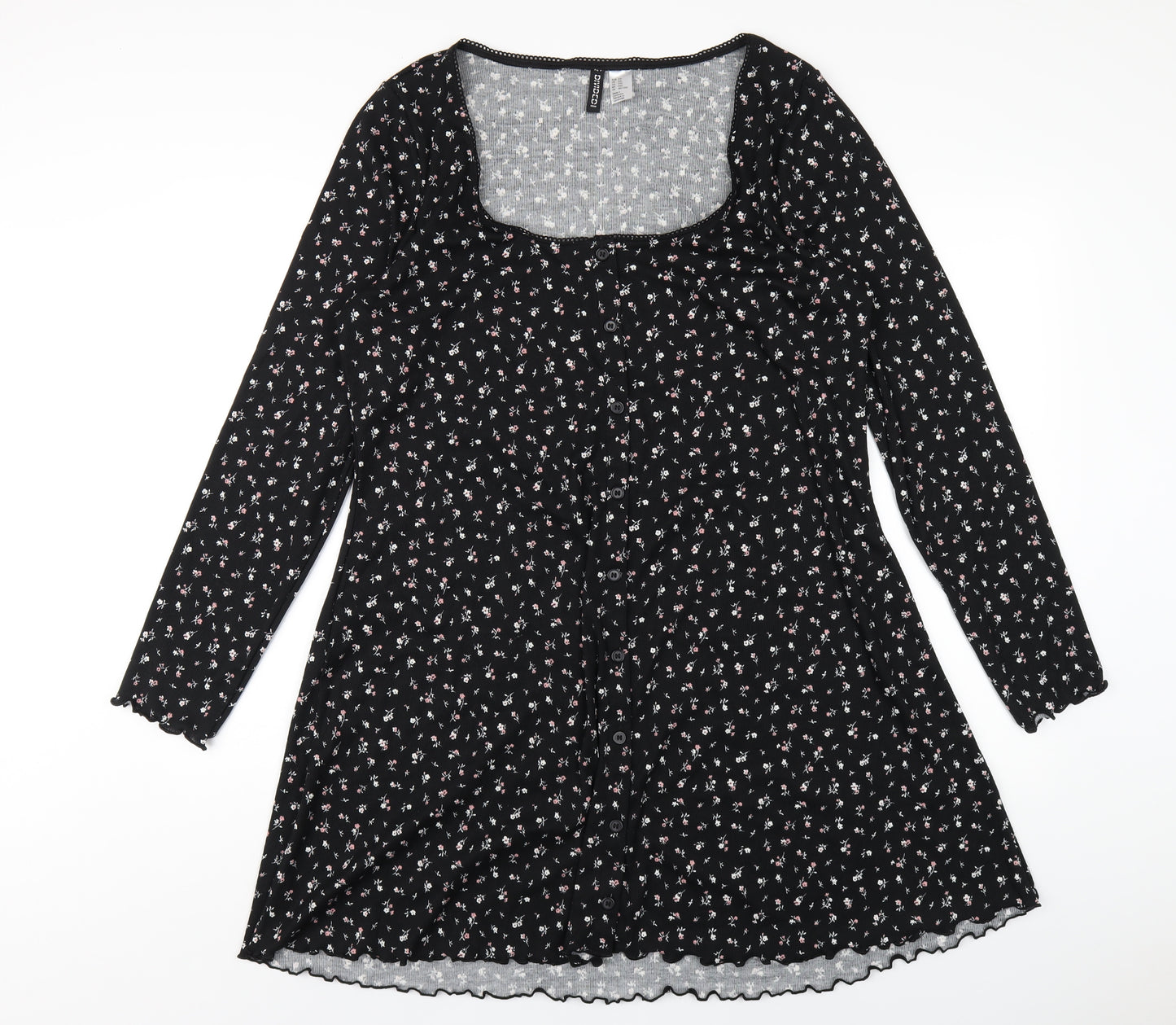 H&M Womens Black Floral Polyester A-Line Size 2XL Square Neck Pullover