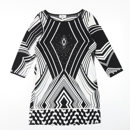 Klass Womens Black Geometric Polyester A-Line Size S Round Neck Pullover