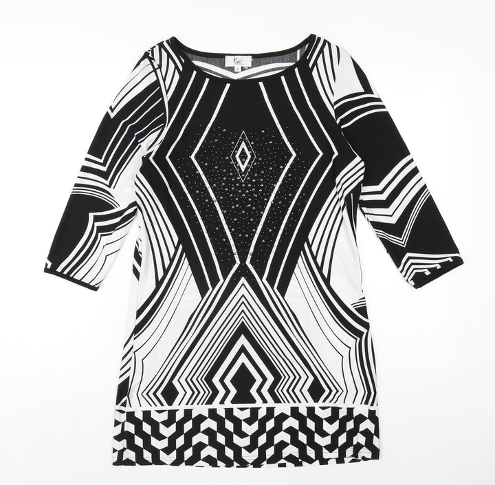 Klass Womens Black Geometric Polyester A-Line Size S Round Neck Pullover
