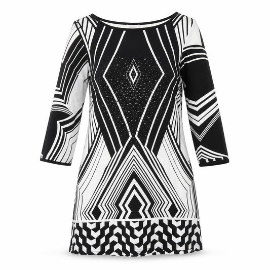 Front view of Klass women’s black geometric polyester a-line, size S, round neck pullover