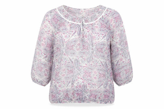 Front view of Profile women’s multicoloured geometric polyester basic blouse, size UK 16, scoop neck