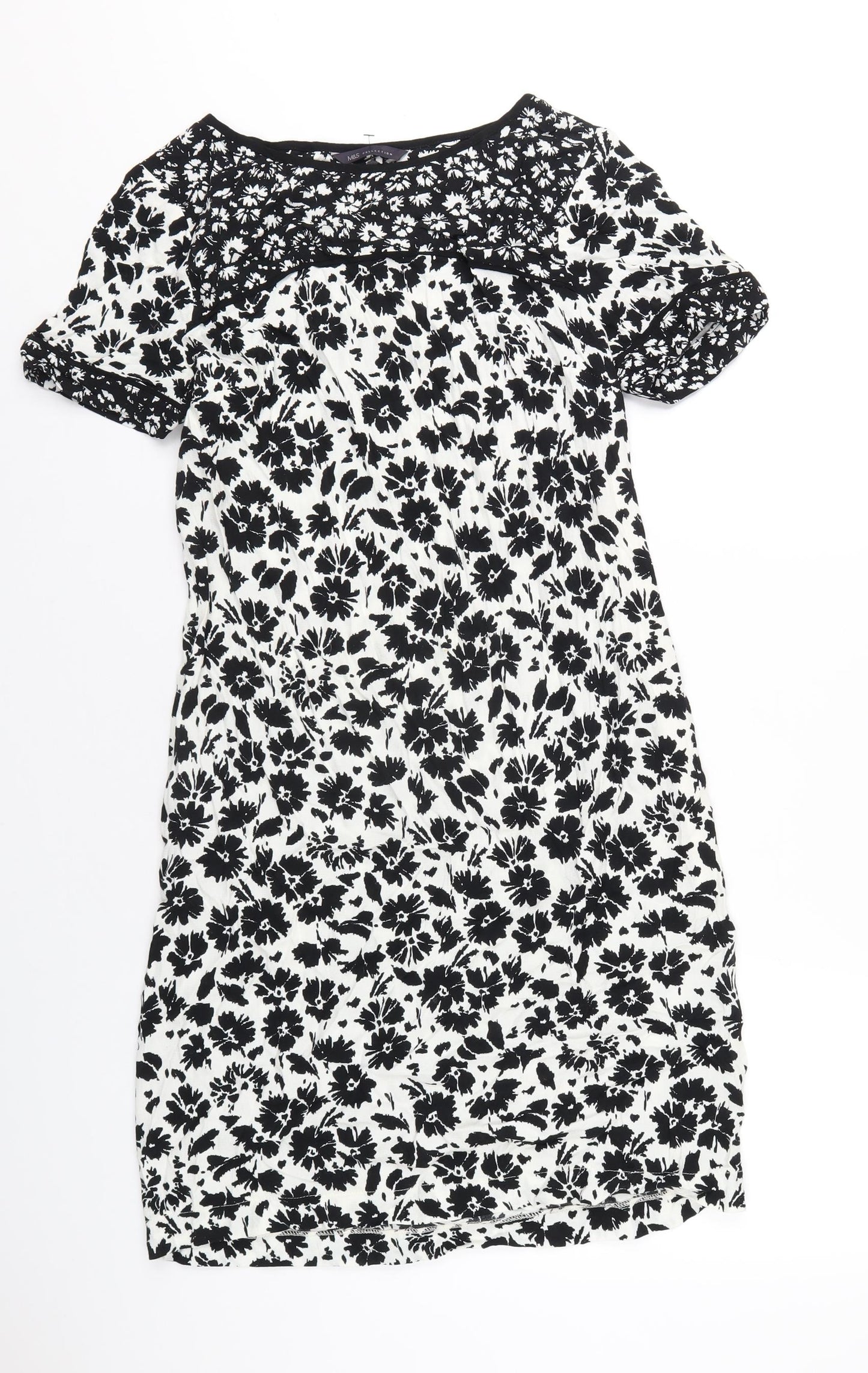 Marks and Spencer Womens White Floral Viscose A-Line Size 10 Round Neck Zip