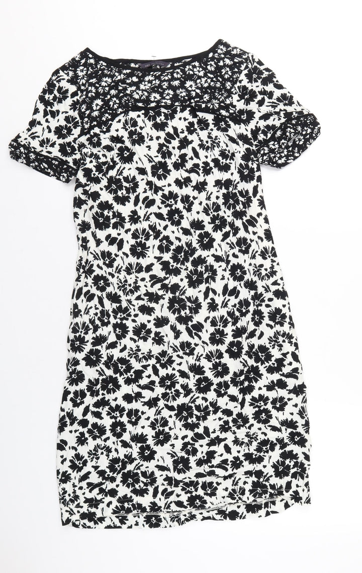Marks and Spencer Womens White Floral Viscose A-Line Size 10 Round Neck Zip