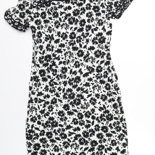 Marks and Spencer Womens White Floral Viscose A-Line Size 10 Round Neck Zip