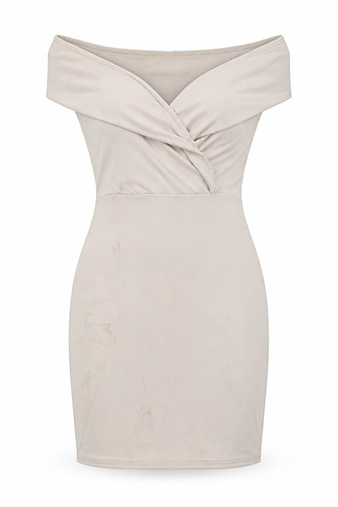 Front view of Missguided women’s beige polyester bodycon, size UK 10, off the shoulder pullover