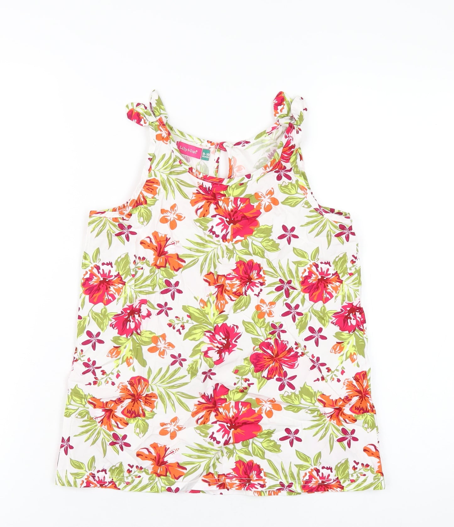 Lily & Dan Girls Multicoloured Floral Cotton Basic Tank Size 9-10 Years Round Neck Button