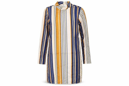 Front view of VILA women’s multicoloured striped polyester a-line, size M, mock neck button