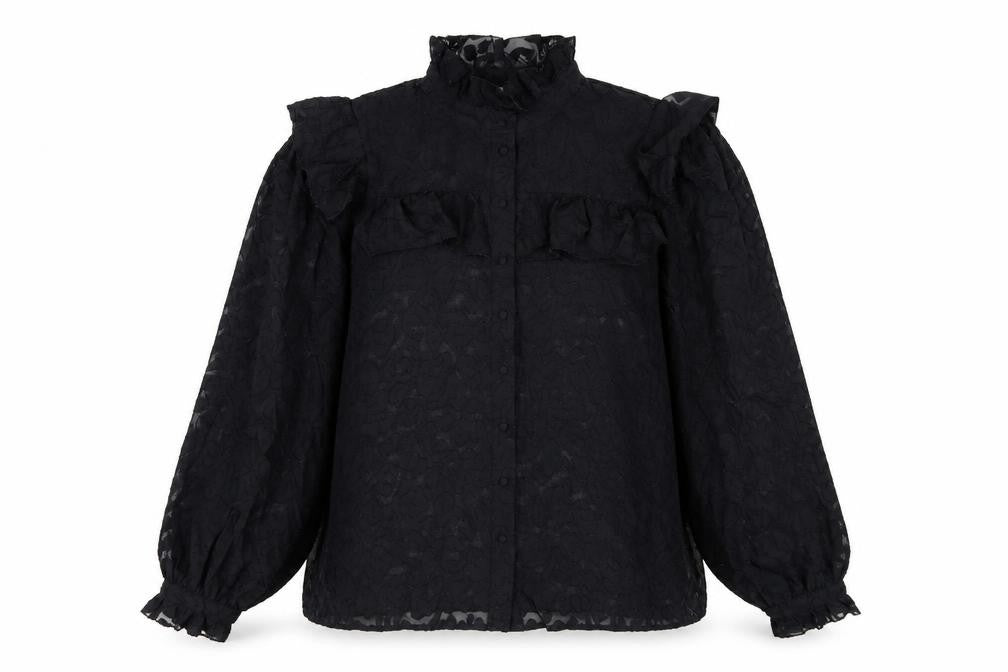 Front view of Pulz women’s black polyester basic button-up, size L, round neck