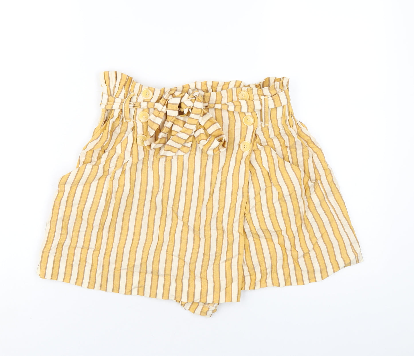 Zara Womens Yellow Striped Vinyl Paperbag Shorts Size M Regular Pull On