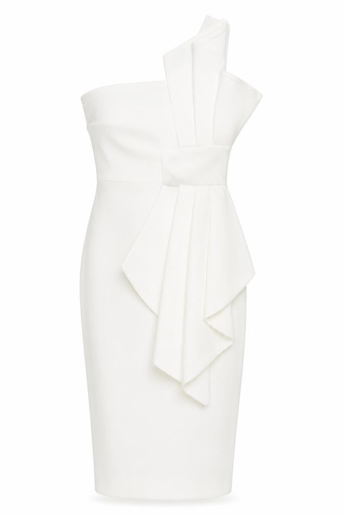 Front view of PRETTYLITTLETHING women’s white polyester bodycon, size UK 8, one shoulder pullover