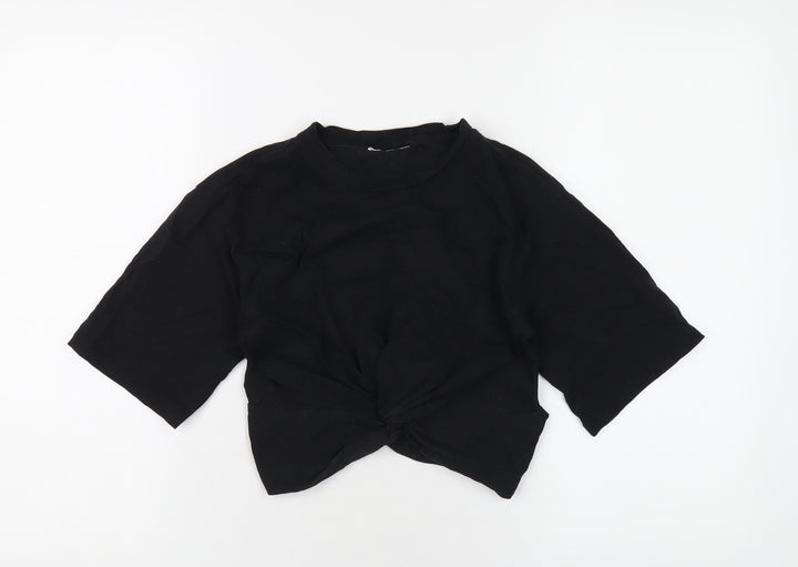Topshop Womens Black Cotton Cropped T-Shirt Size 8 Round Neck