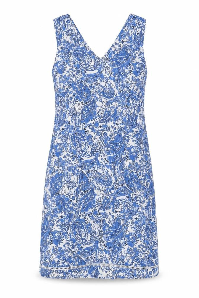 Front view of Next women’s blue geometric linen tank dress, size UK 6, v-neck pullover