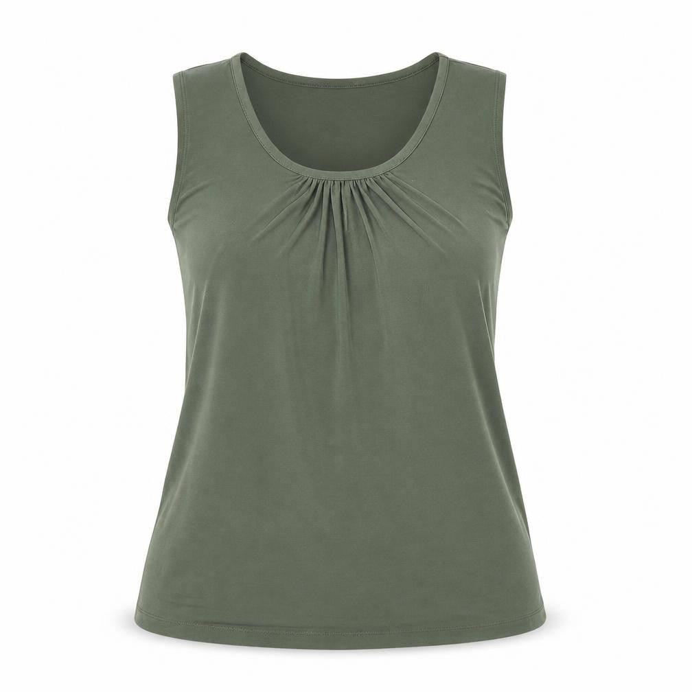 Front view of Susan Graver women’s green polyester basic tank, size S, scoop neck