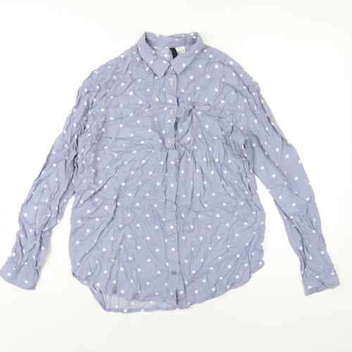 H&M Womens Blue Polka Dot Viscose Basic Button-Up Size 8 Collared