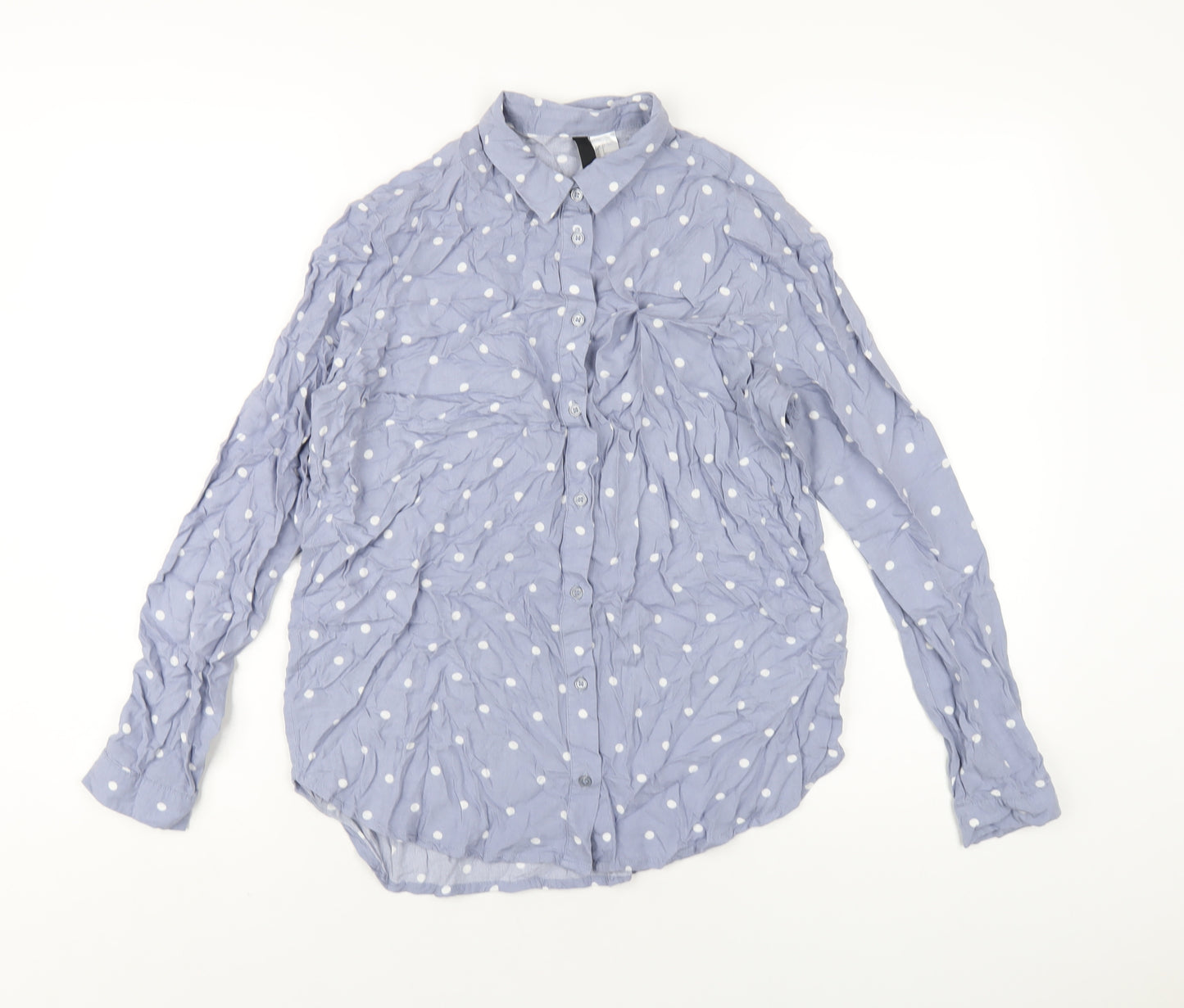 H&M Womens Blue Polka Dot Viscose Basic Button-Up Size 8 Collared