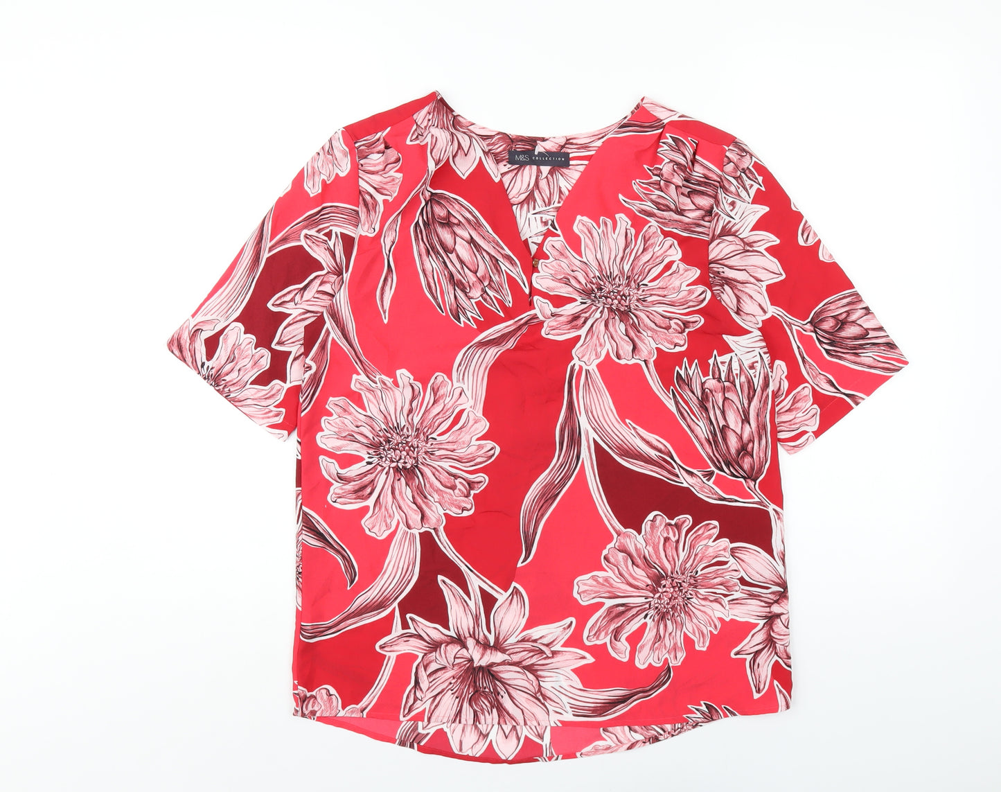 Marks and Spencer Womens Pink Floral Polyester Basic T-Shirt Size 8 V-Neck