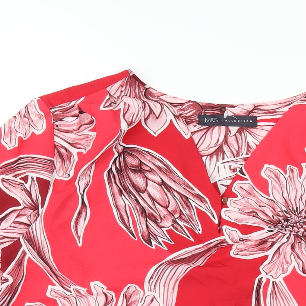 Marks and Spencer Womens Pink Floral Polyester Basic T-Shirt Size 8 V-Neck