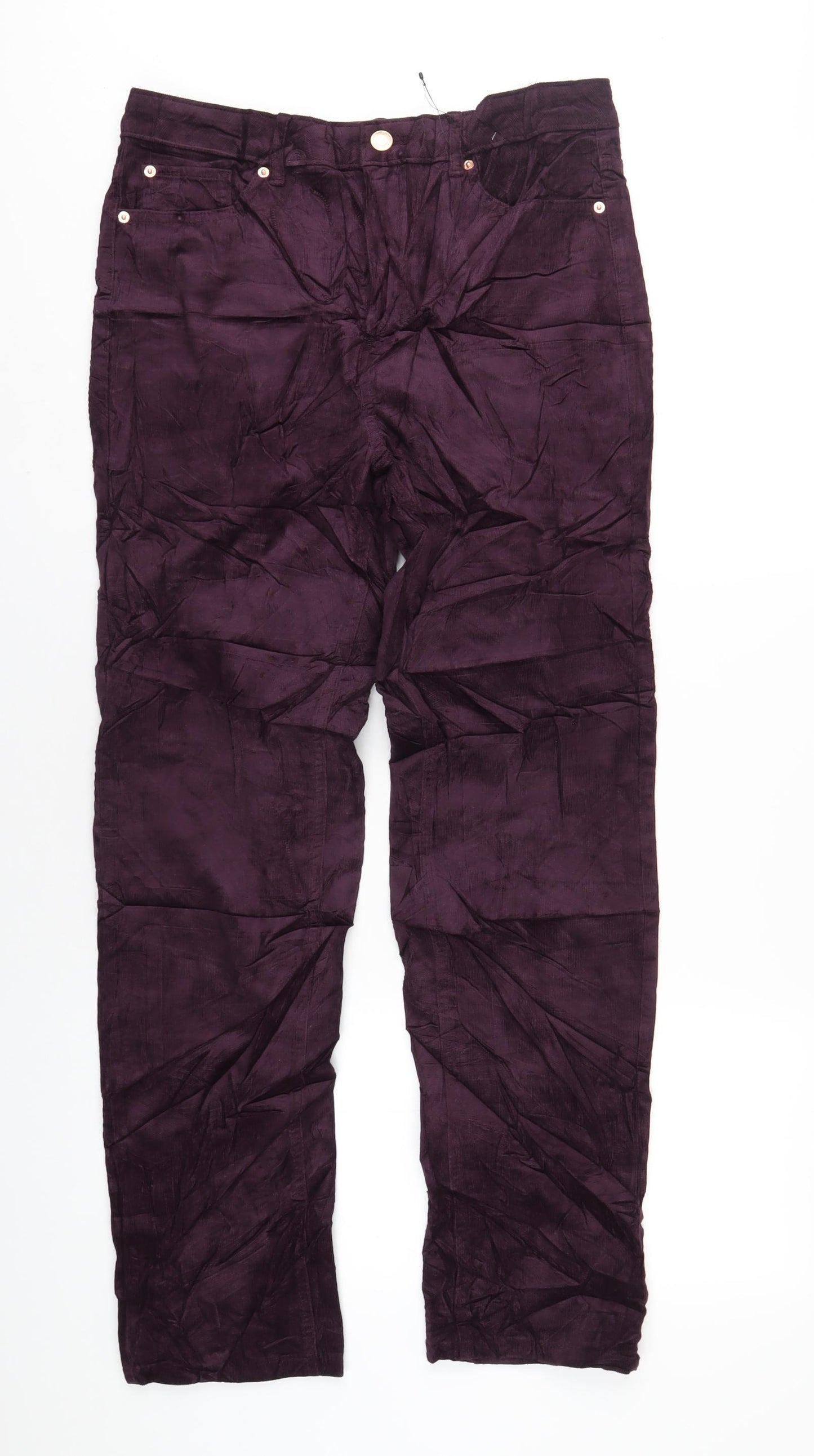 Marks and Spencer Womens Purple Cotton Trousers Size 14 L30 in Regular Zip