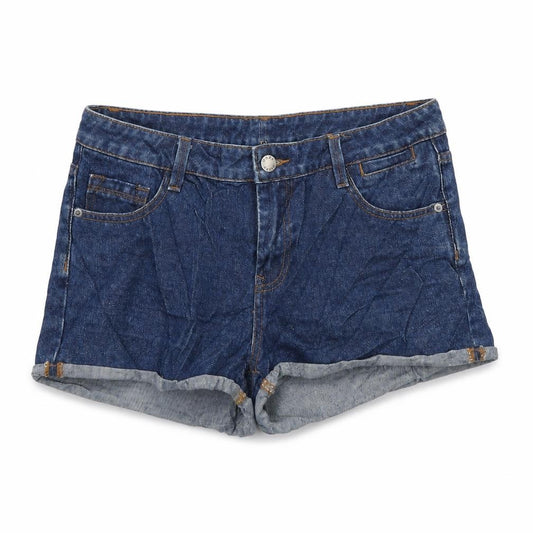 Front view of Warehouse women’s blue cotton boyfriend shorts, size UK 12, regular zip