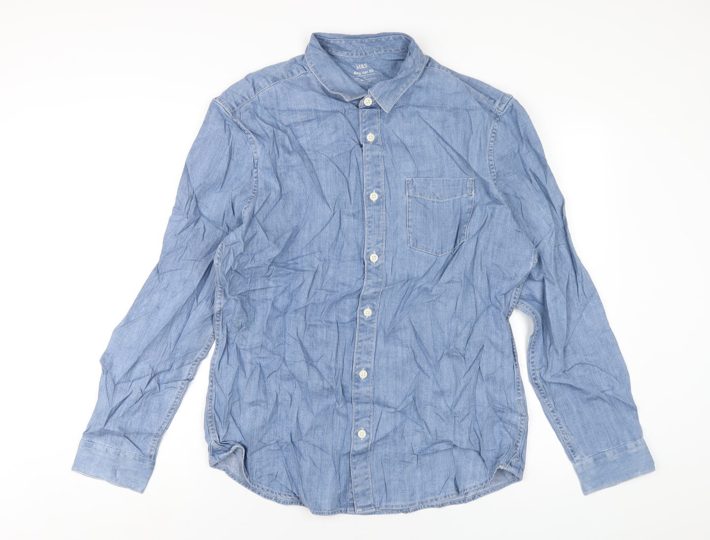 Marks and Spencer Mens Blue Cotton Button-Up Size L Collared Button