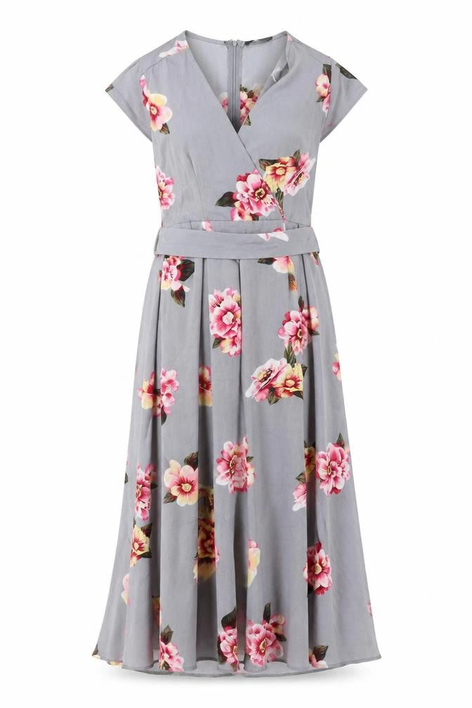 Front view of AX Paris women’s grey floral polyester a-line, size UK 8, v-neck zip