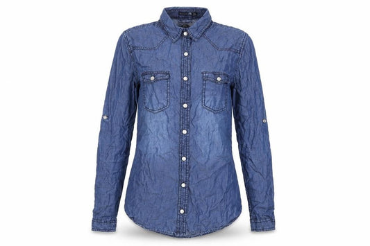 Front view of Boohoo women’s blue cotton basic button-up, size UK 6, collared