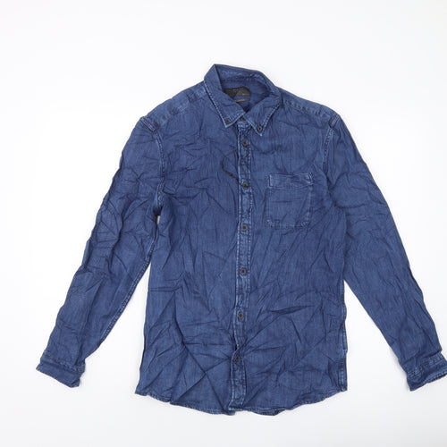 Marks and Spencer Mens Blue Cotton Button-Up Size S Collared Button