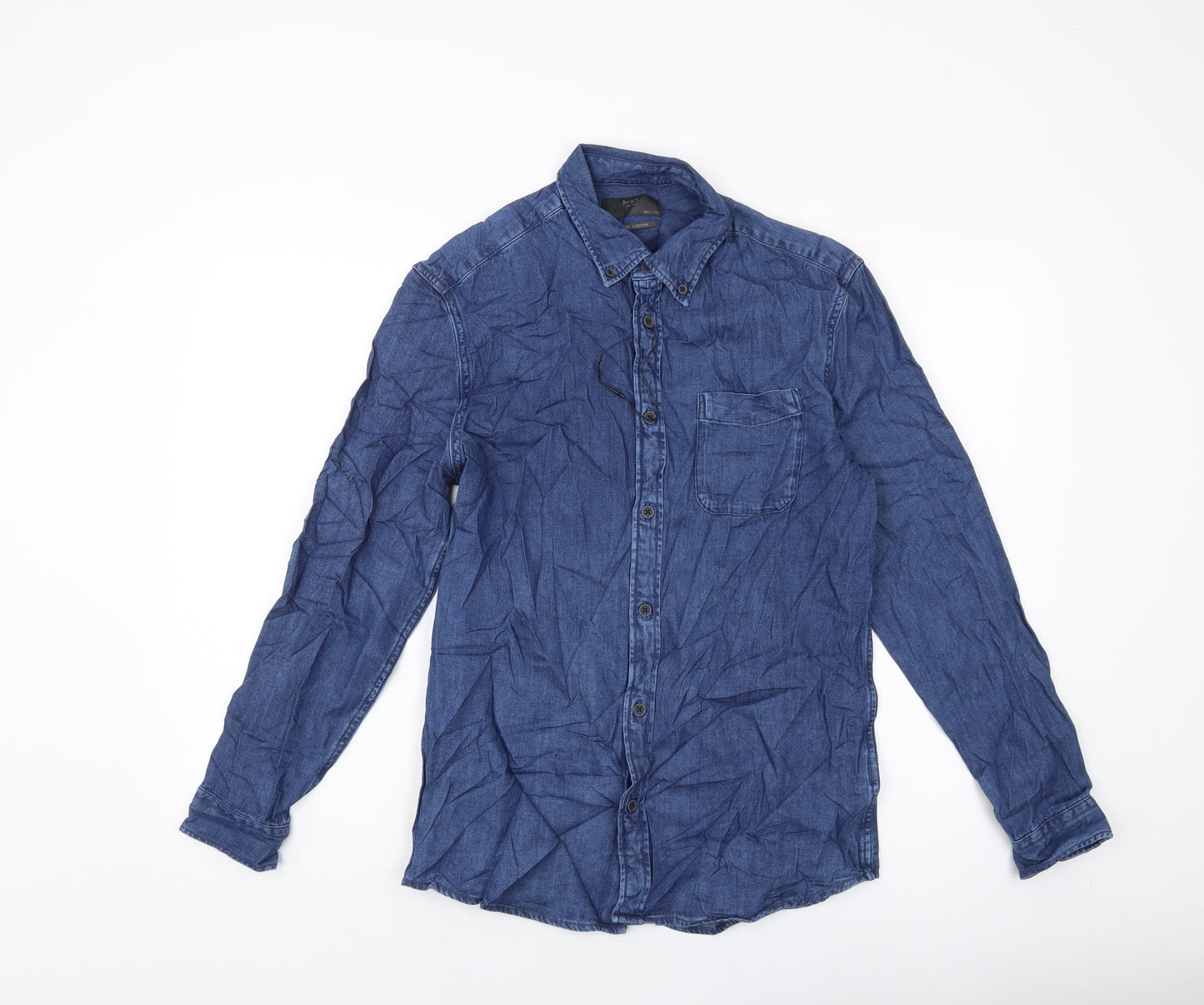 Marks and Spencer Mens Blue Cotton Button-Up Size S Collared Button
