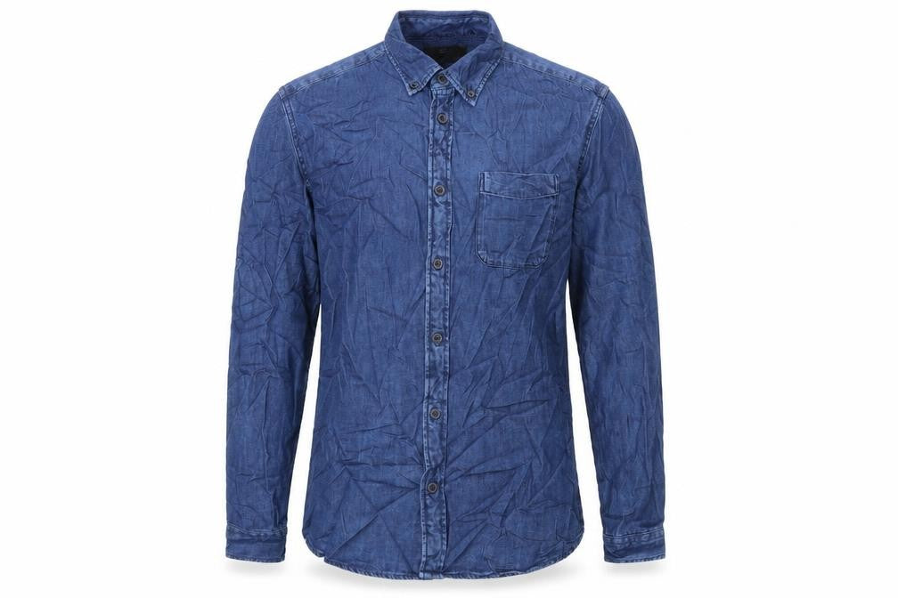 Front view of Marks & Spencer men’s blue cotton button-up, size S, collared button