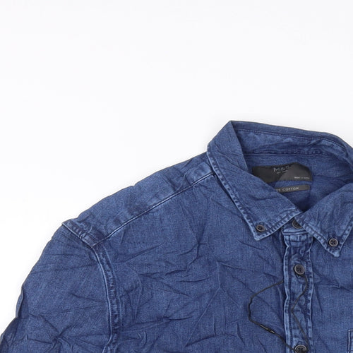 Marks and Spencer Mens Blue Cotton Button-Up Size S Collared Button