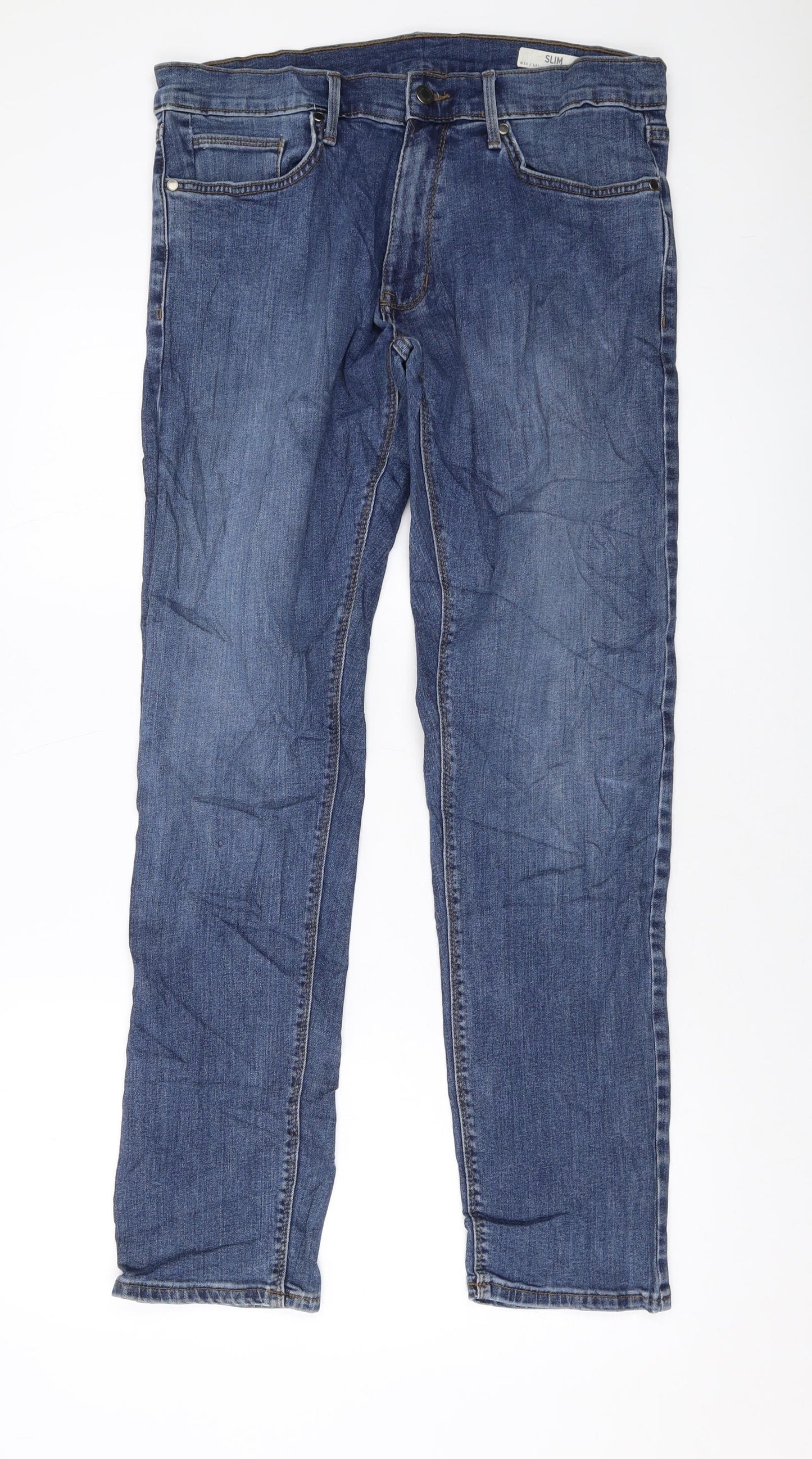 Marks and Spencer Mens Blue Cotton Straight Jeans Size 34 in L31 in Slim Button