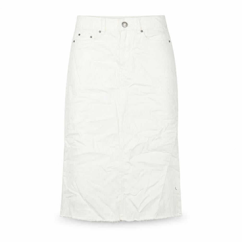 Front view of Marks & Spencer women’s ivory cotton a-line skirt, size UK 6, button
