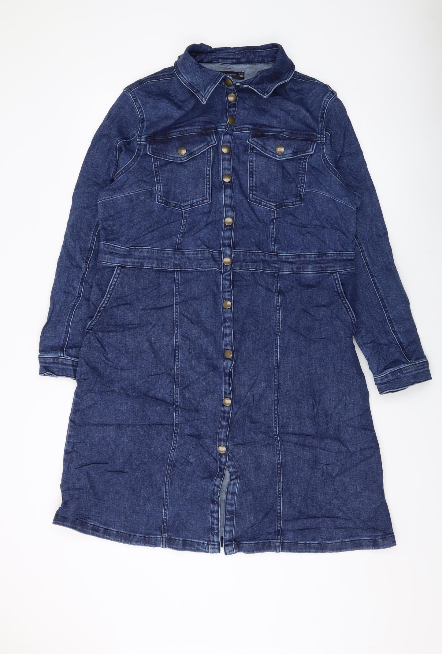 Marks and Spencer Womens Blue Cotton A-Line Size 16 Collared Snap
