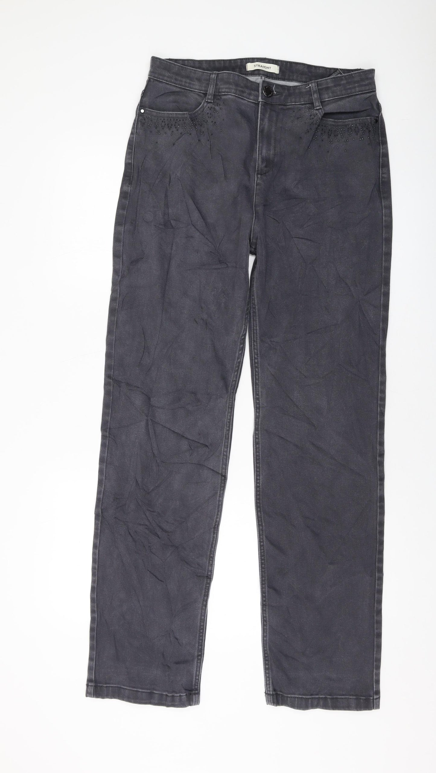 Marks and Spencer Womens Grey Cotton Straight Jeans Size 14 L31 in Regular Button