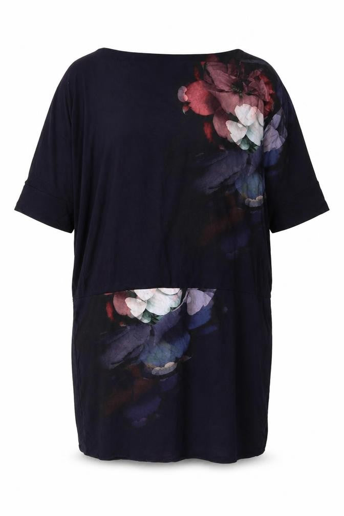Front view of Phase Eight women’s black floral polyester tunic blouse, size UK 14, round neck