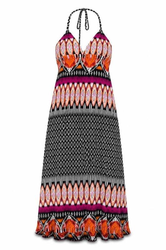 Front view of AX Paris women’s multicoloured geometric cotton a-line, size UK 10, v-neck pullover