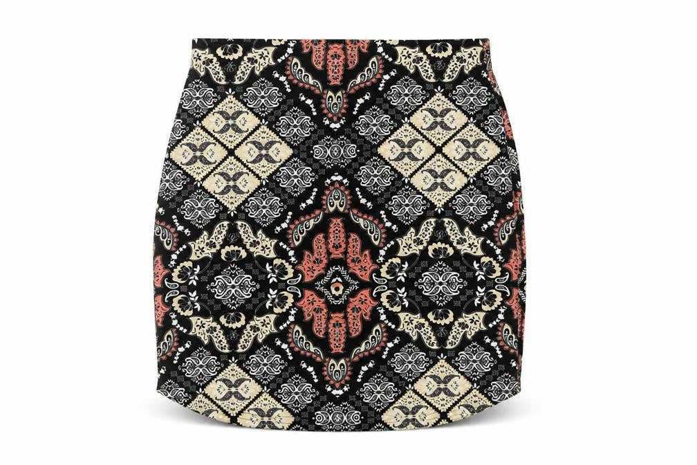 Front view of Missguided women’s multicoloured geometric polyester mini skirt, size UK 6