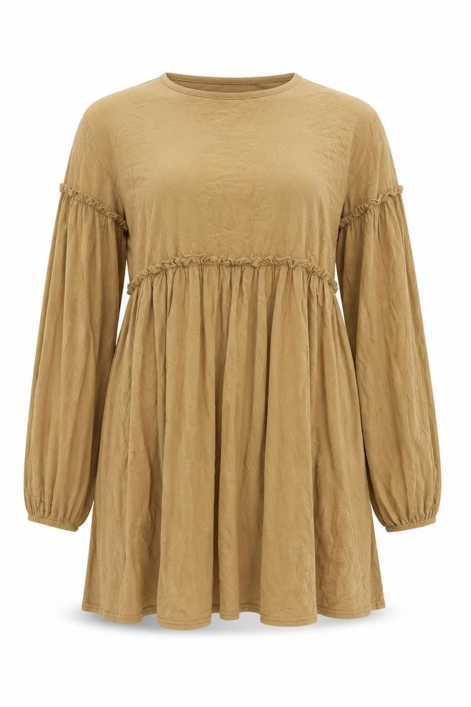 Front view of Boohoo women’s brown viscose a-line, size UK 16, round neck pullover