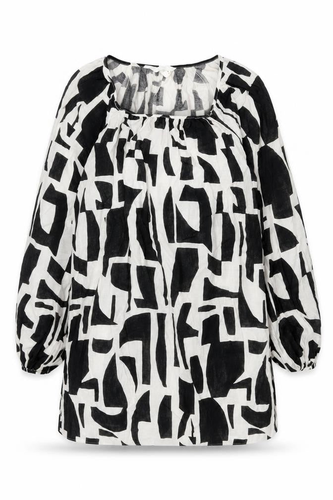 Front view of H&M women’s black geometric viscose a-line, size S, square neck pullover