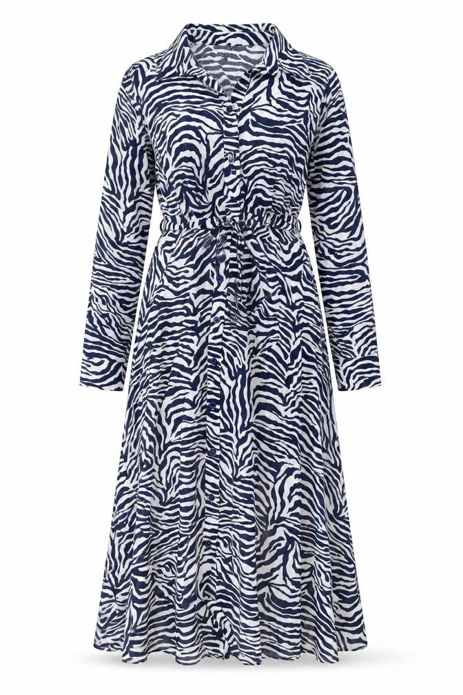 Front view of Sonsandar women’s blue animal print viscose a-line, size UK 10, collared button