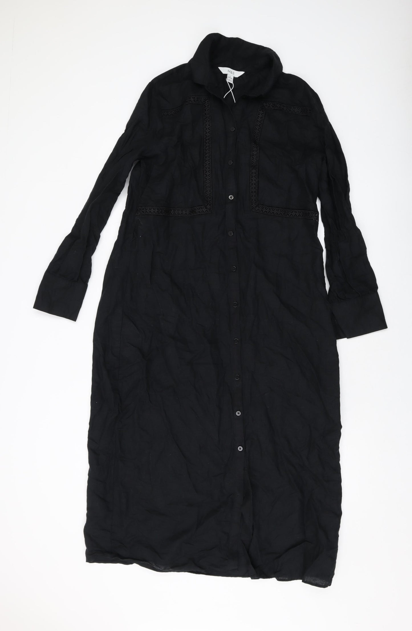 Marks and Spencer Womens Black Linen A-Line Size 12 Collared Button