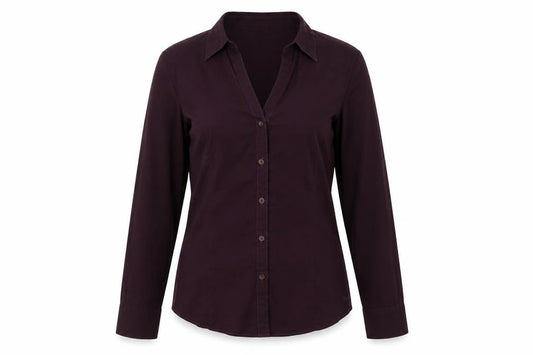 Front view of MORE & MORE women’s purple cotton basic button-up, size UK 12, collared