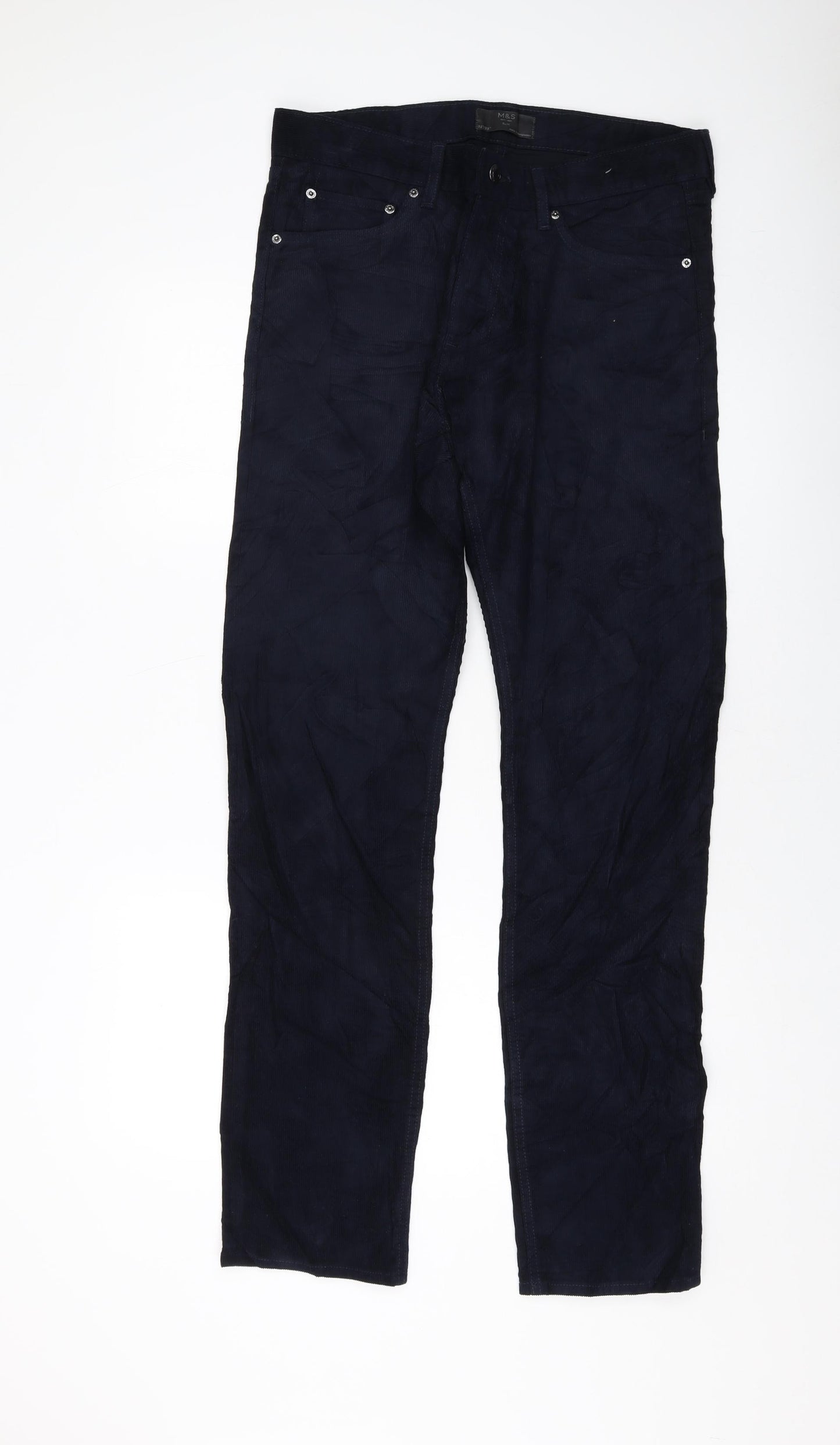 Marks and Spencer Mens Blue Cotton Trousers Size 32 in L33 in Slim Button