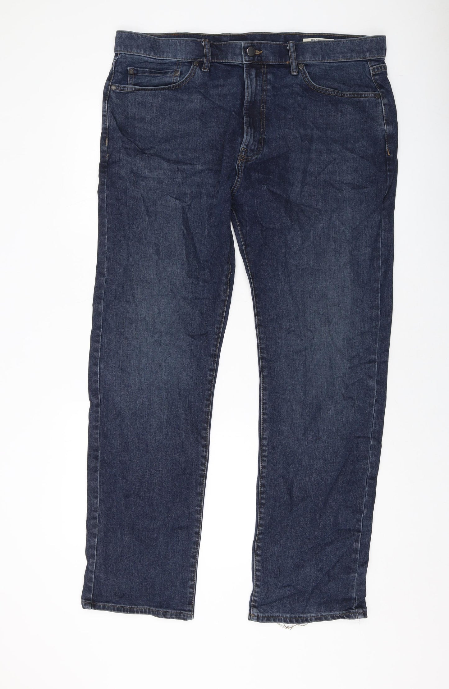 Marks and Spencer Mens Blue Cotton Straight Jeans Size 38 in L31 in Regular Button