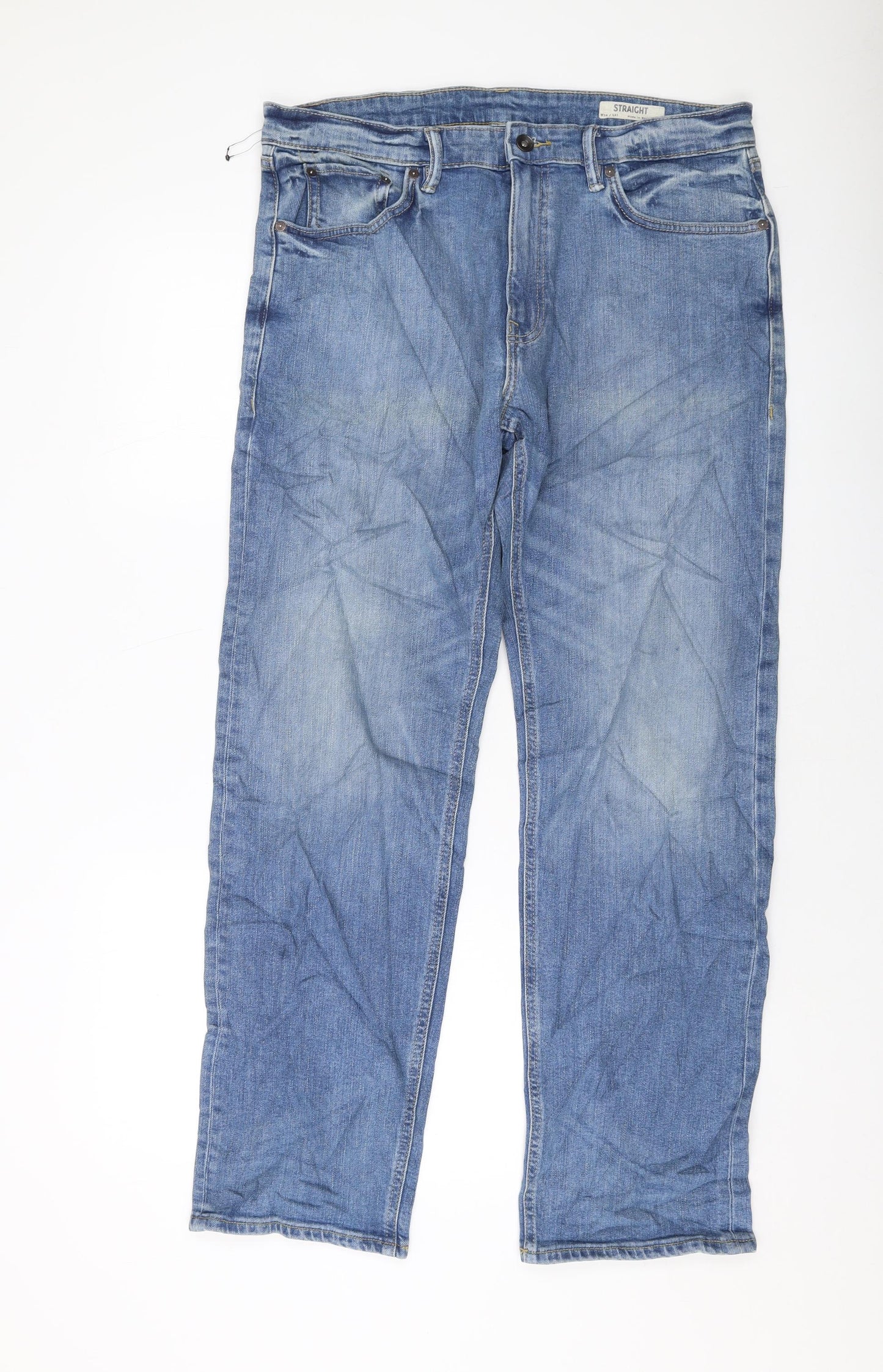 Marks and Spencer Mens Blue Cotton Straight Jeans Size 34 in L31 in Regular Button
